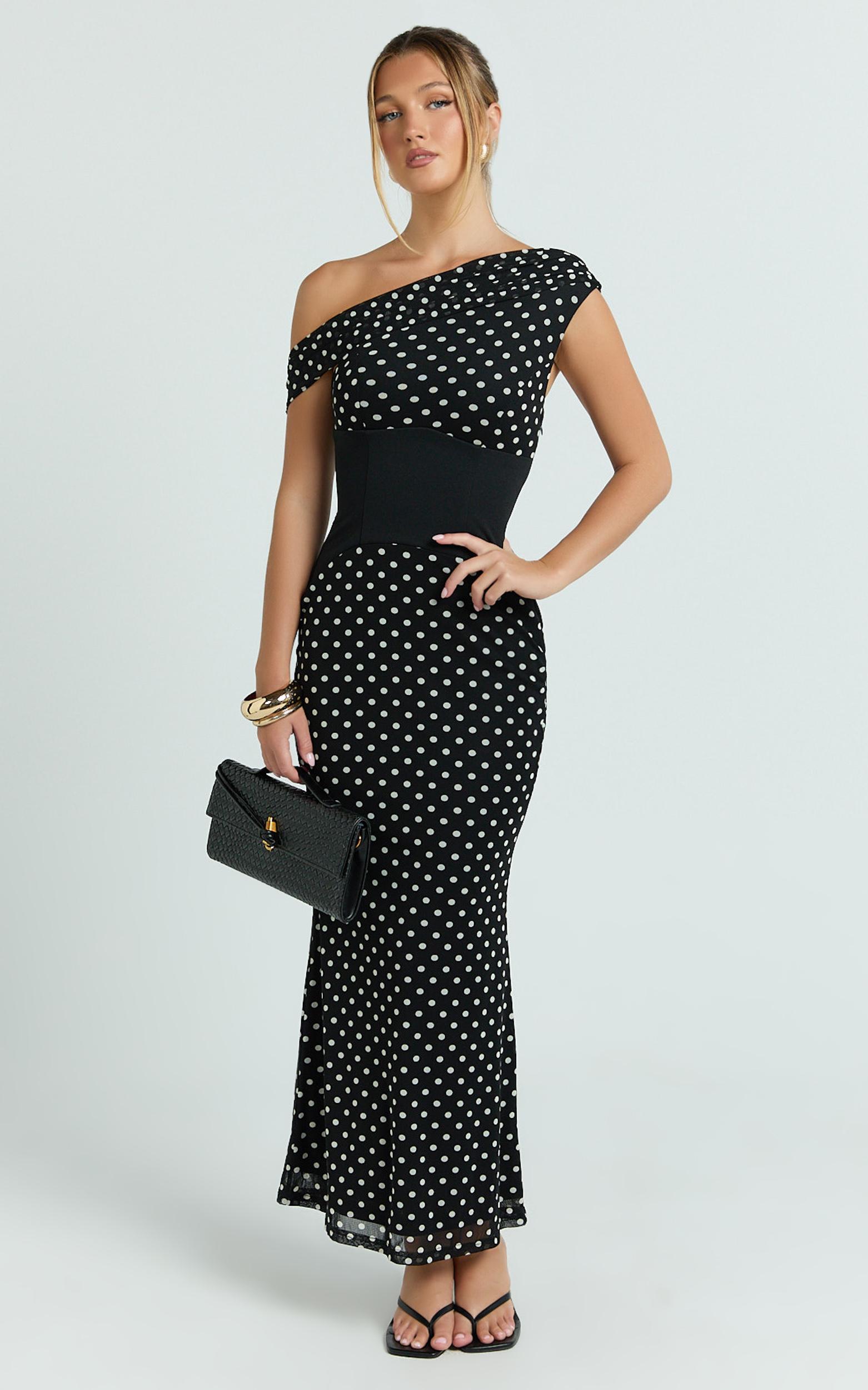 ava midi dress - asymmetrical neckline dress in black