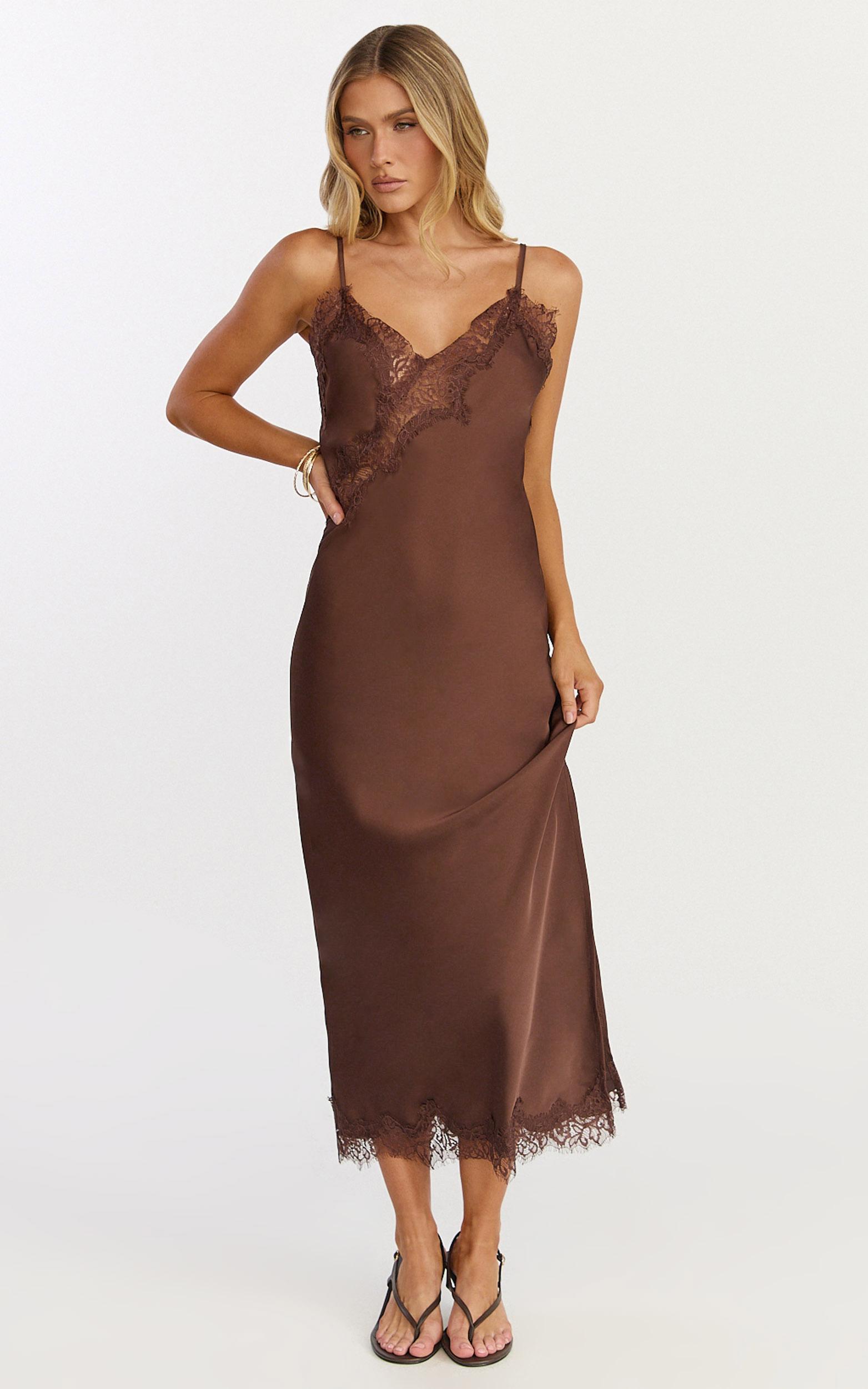 ava midi dress - lace trim scallop hem camisole dress in chocolate