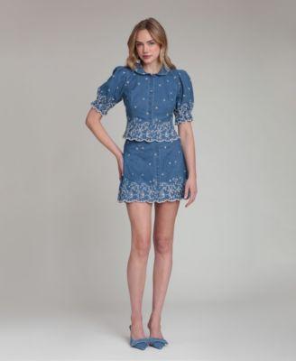 avec les filles womens spread collar short sleeve top scallop hem mini skirt