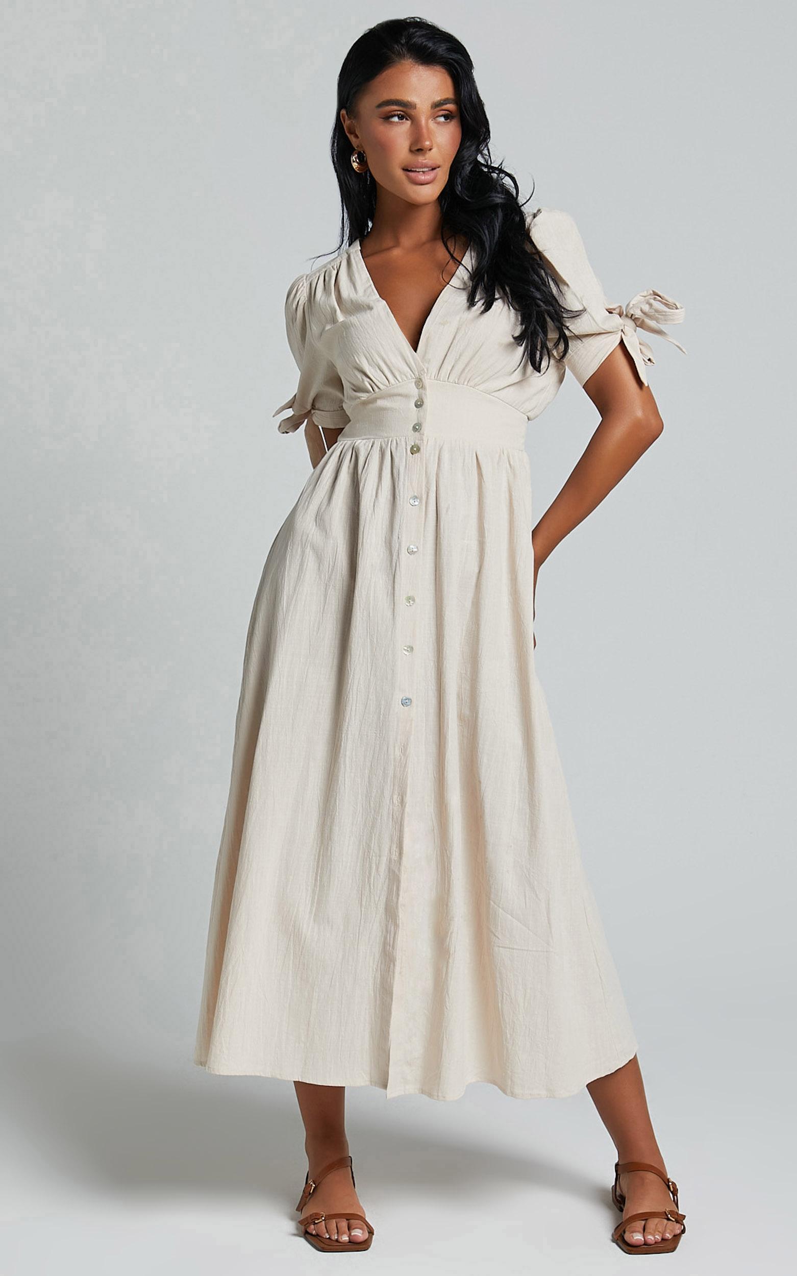 avegail midi dress - v neck button through short sleeve dress in bone