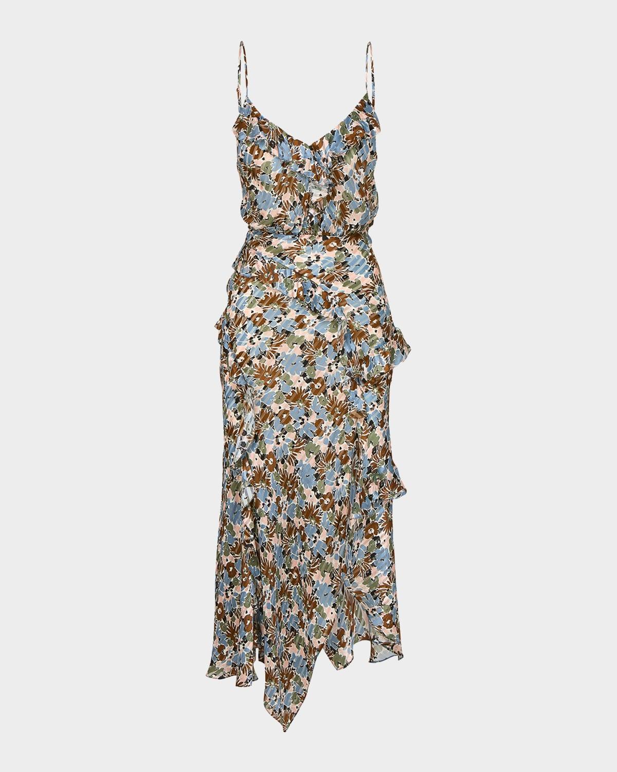 avenel floral ruffled midi dress