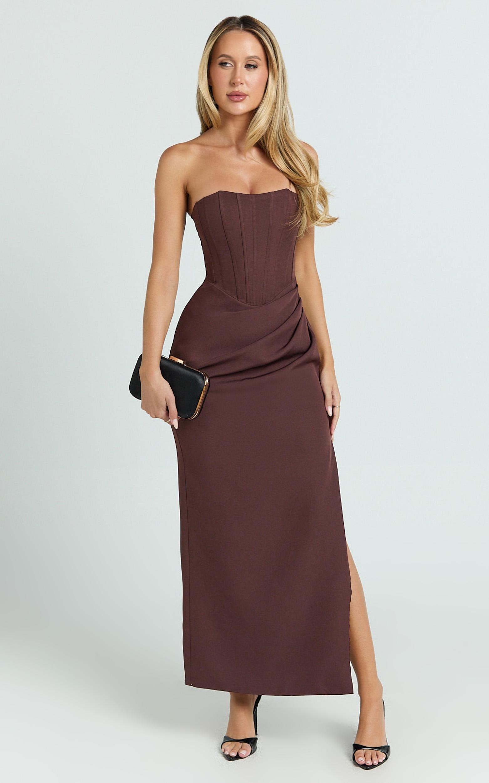 avery midi dress - strapless draped side split dress in chocolate