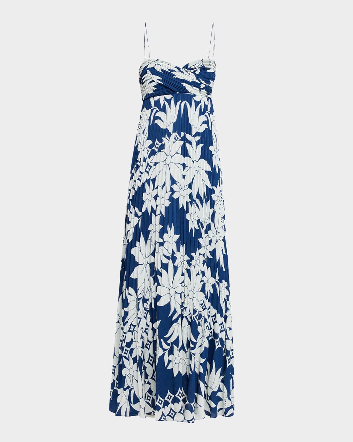 avery pleated floral-print empire maxi dress