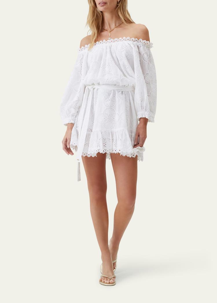 avi eyelet off-shoulder mini dress
