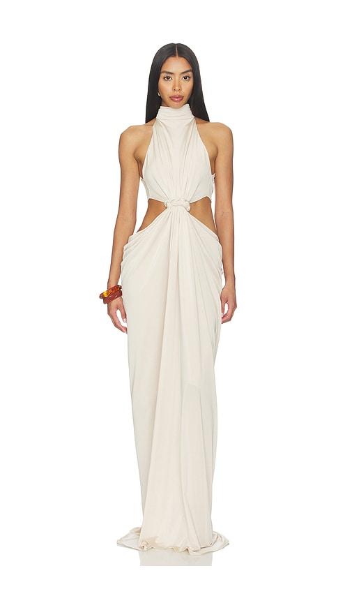 awave studio halter neck cut out long dress in beige.