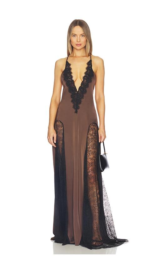 awave studio lace maxi dress in brown.