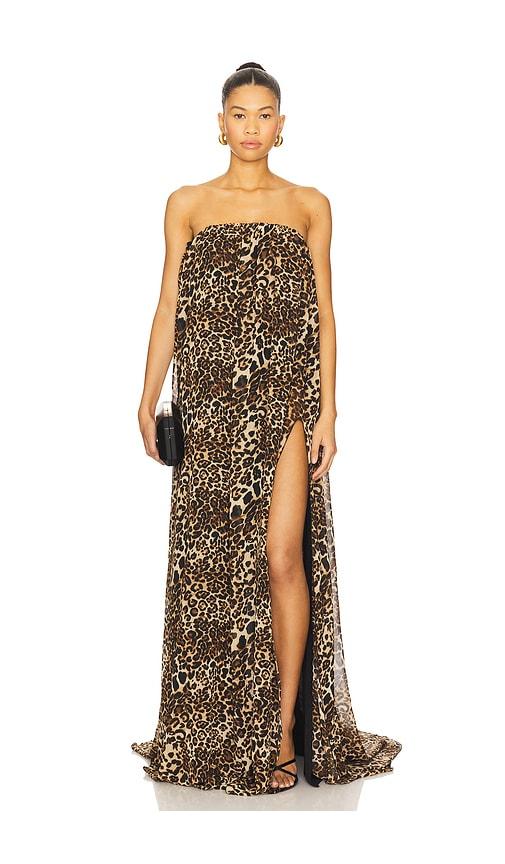 awave studio long dress with leg slits in brown.