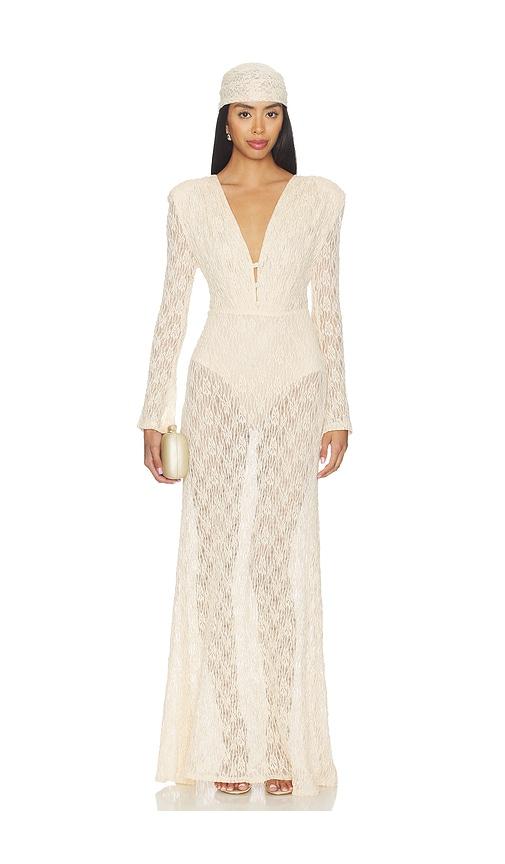 awave studio long sleeve lace maxi dress in beige.