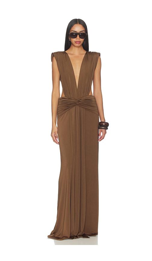 awave studio maxi dress in brown.