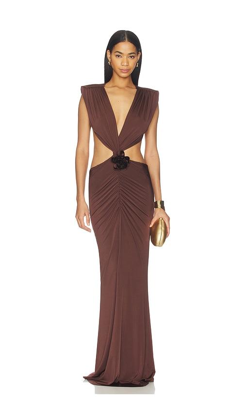 awave studio the faye umber maxi dress in brown.