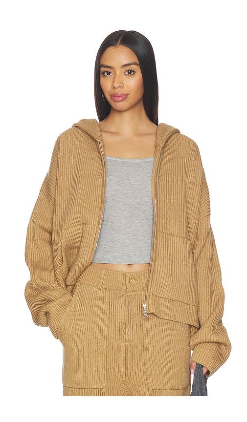 aya muse knit zip up hoodie in beige.