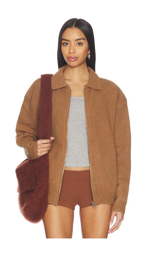 aya muse x revolve knit zip up jacket with collar in cognac.
