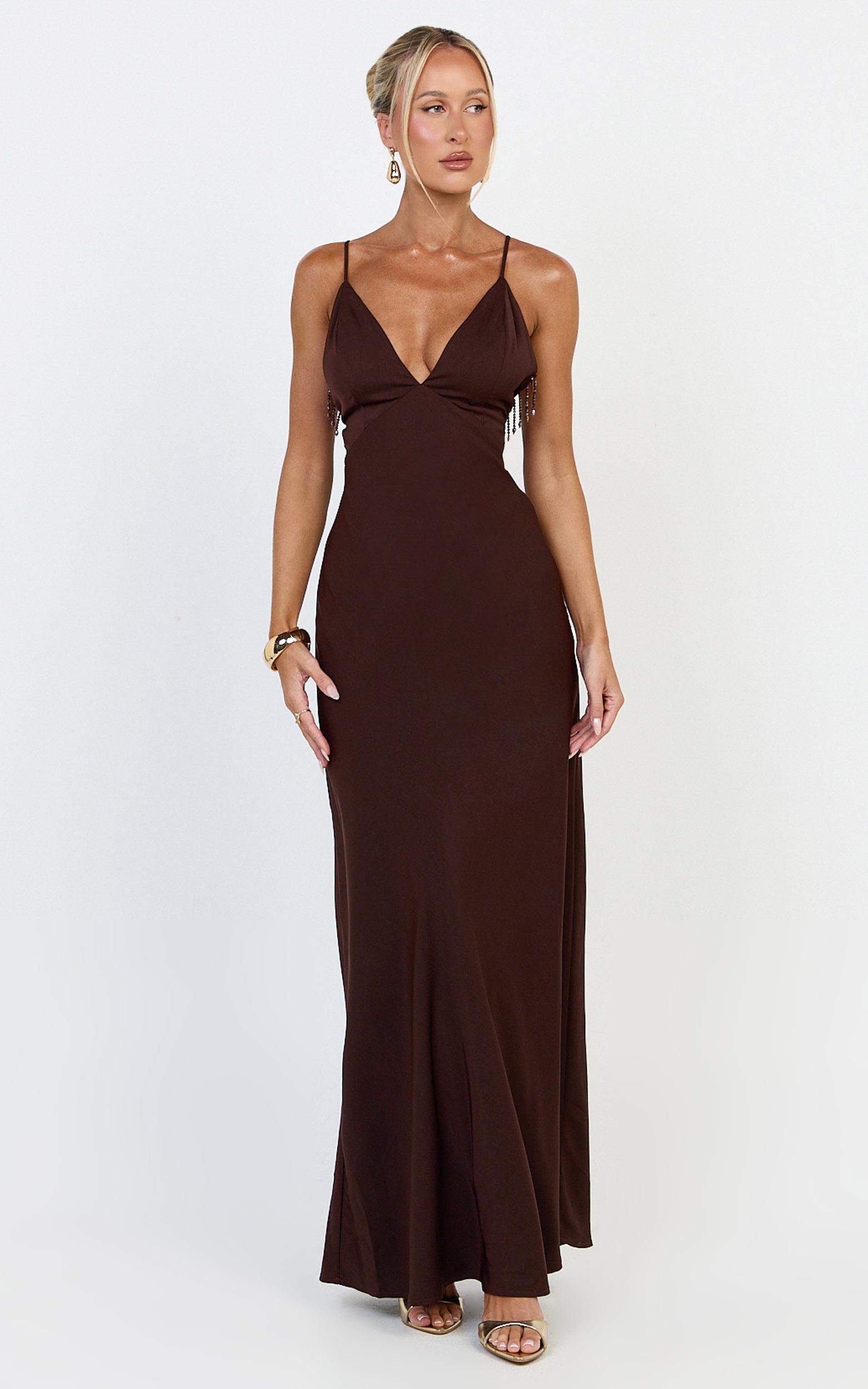 azura maxi dress - backless beaded trim dress in chocolate