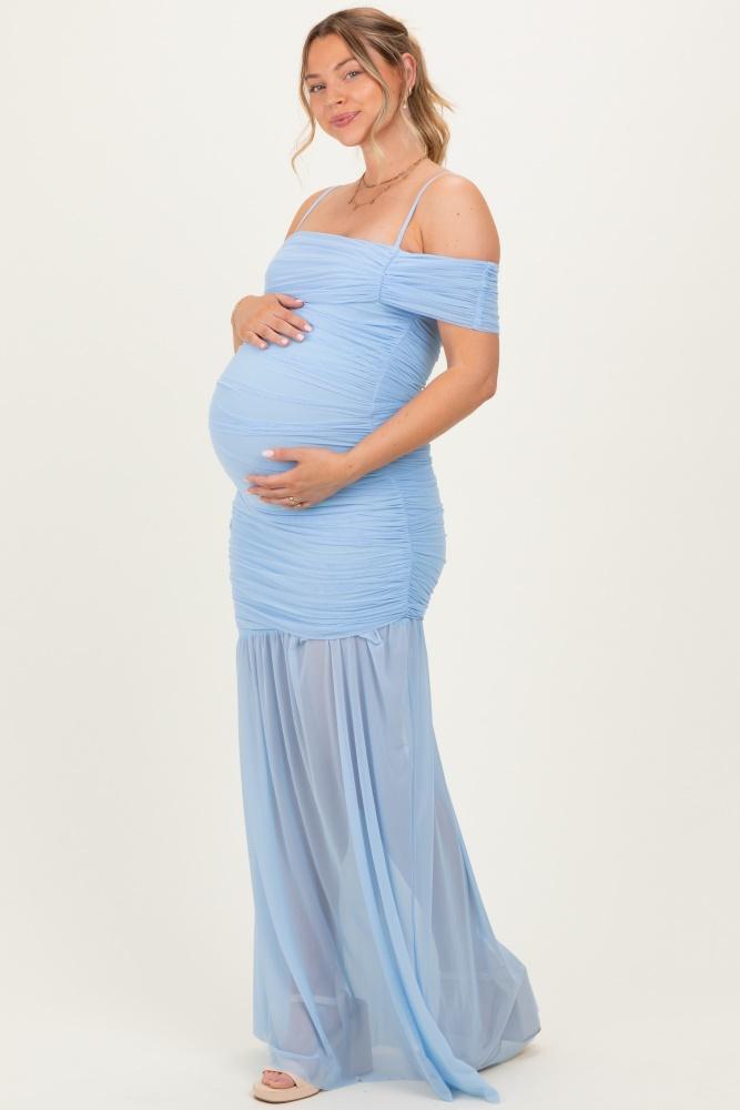 baby blue ruched mesh off shoulder maternity maxi dress