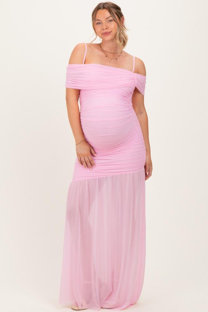 baby pink ruched mesh off shoulder maternity maxi dress