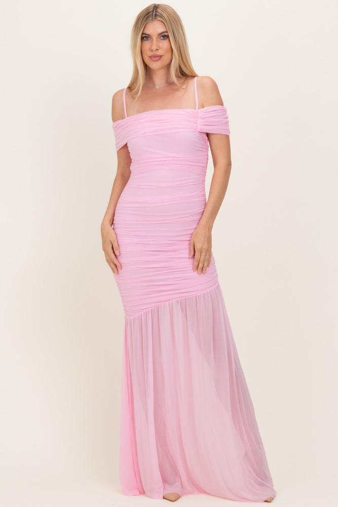 baby pink ruched mesh off shoulder maxi dress