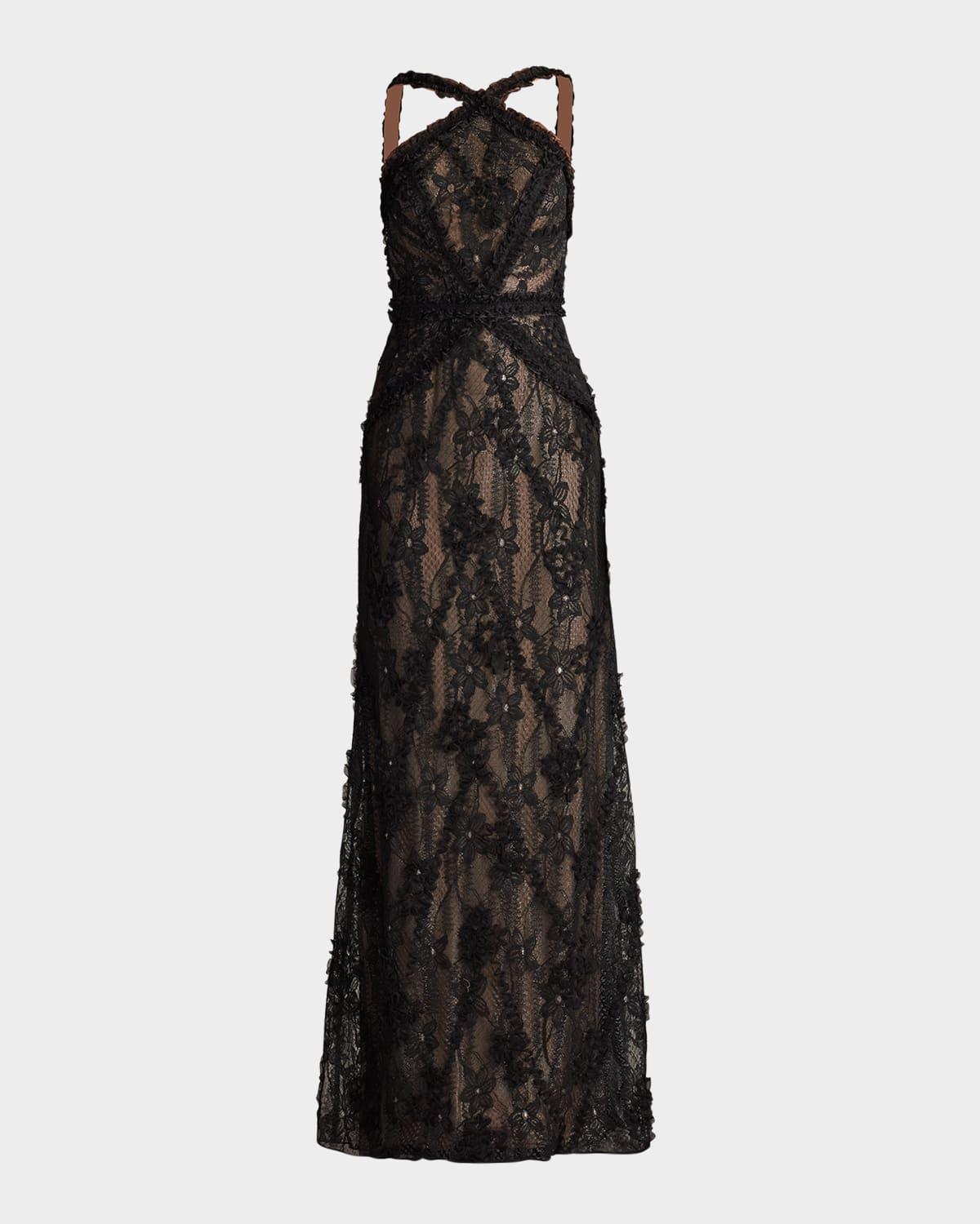 backless ruffle-trim lace gown