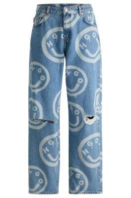 baggy-fit distressed jeans with happy hugo print- patterned women's jeans