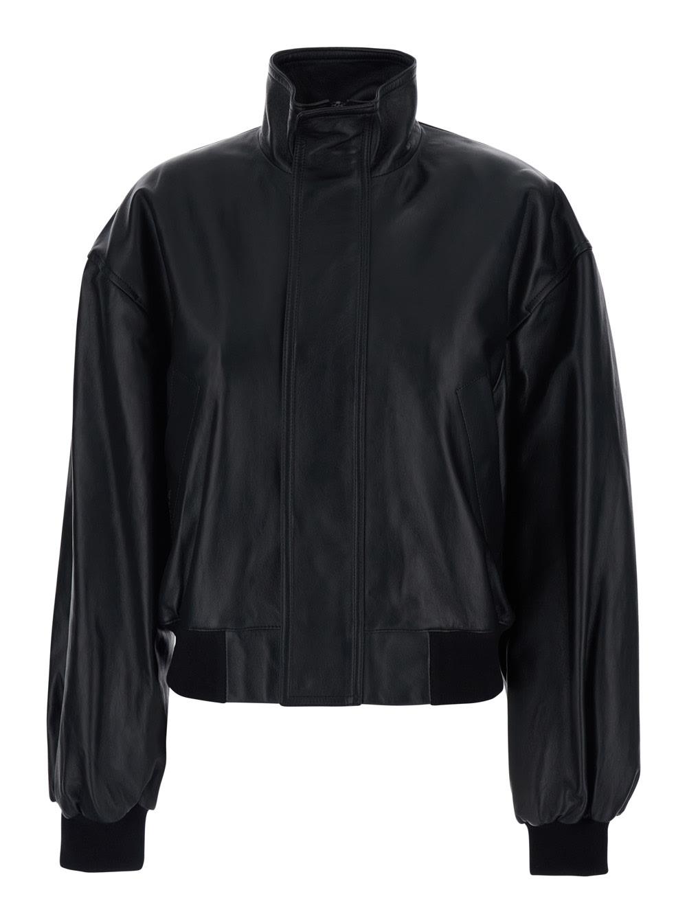 balenciaga black jacket with dropped shoulders and high neck in leather woman