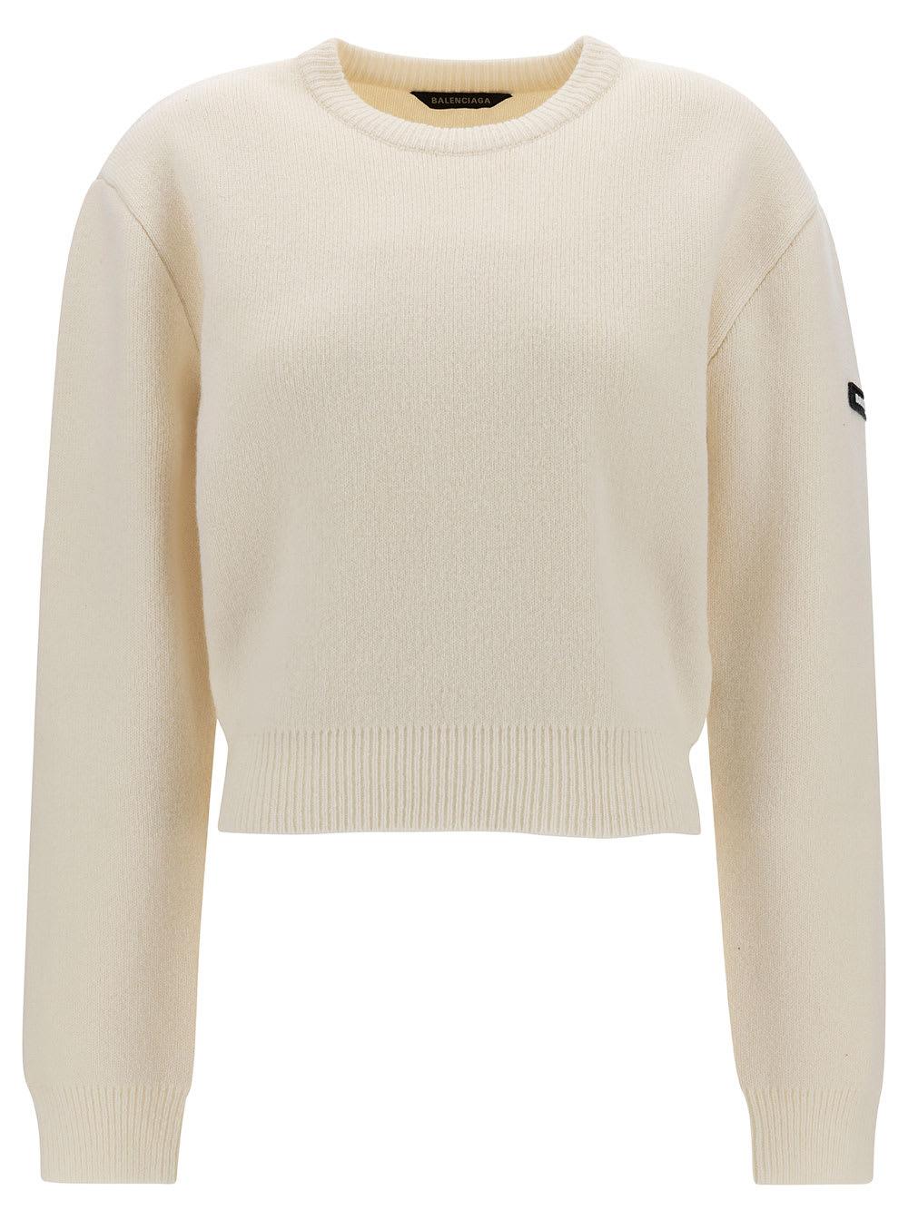 balenciaga cropped sweater with logo patch in wool blend