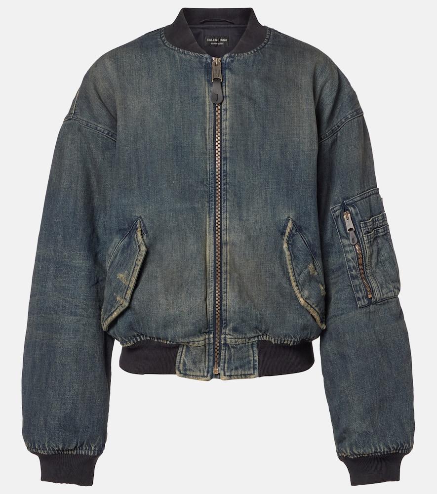 balenciaga distressed denim bomber jacket
