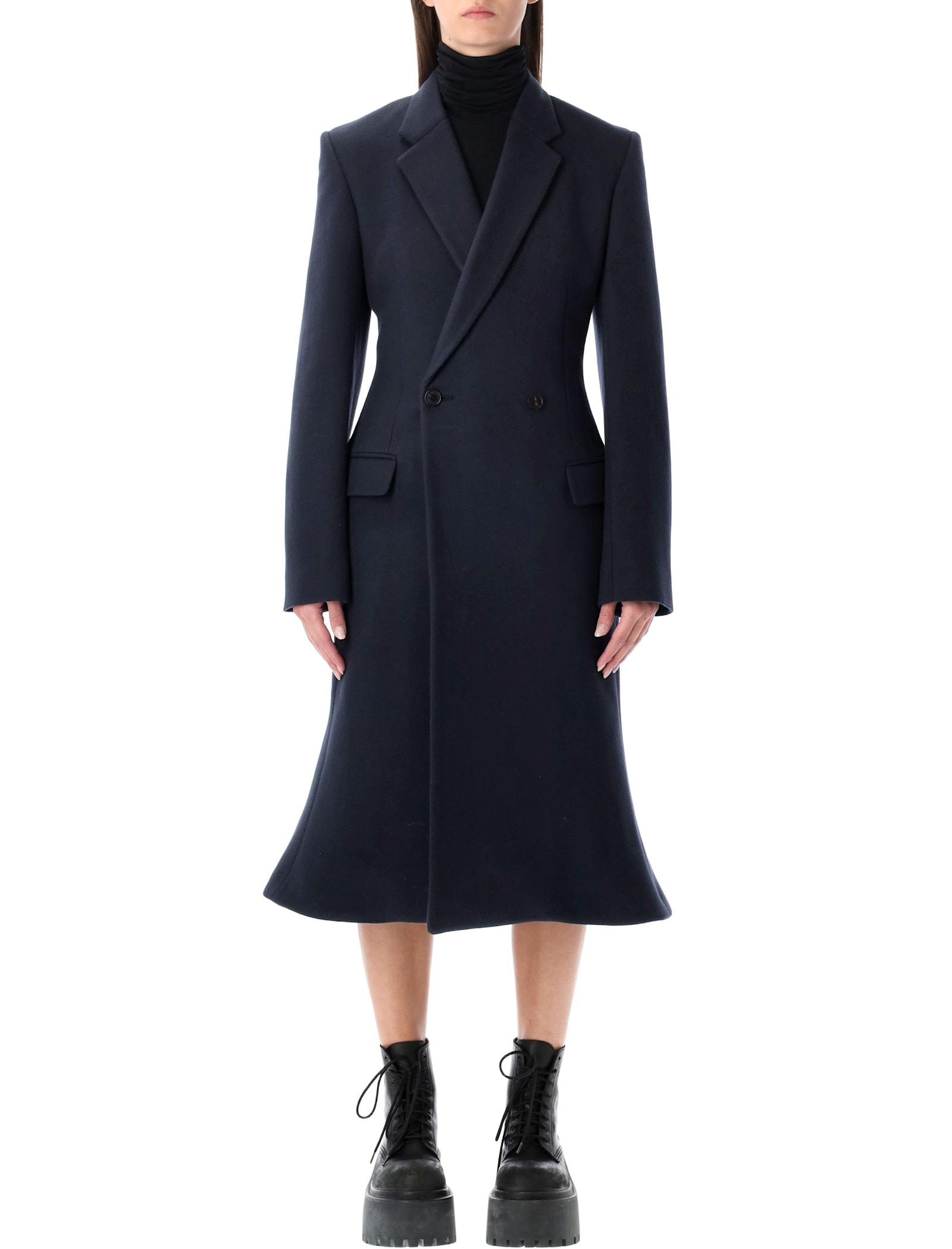 balenciaga navy brushed wool midi godet coat