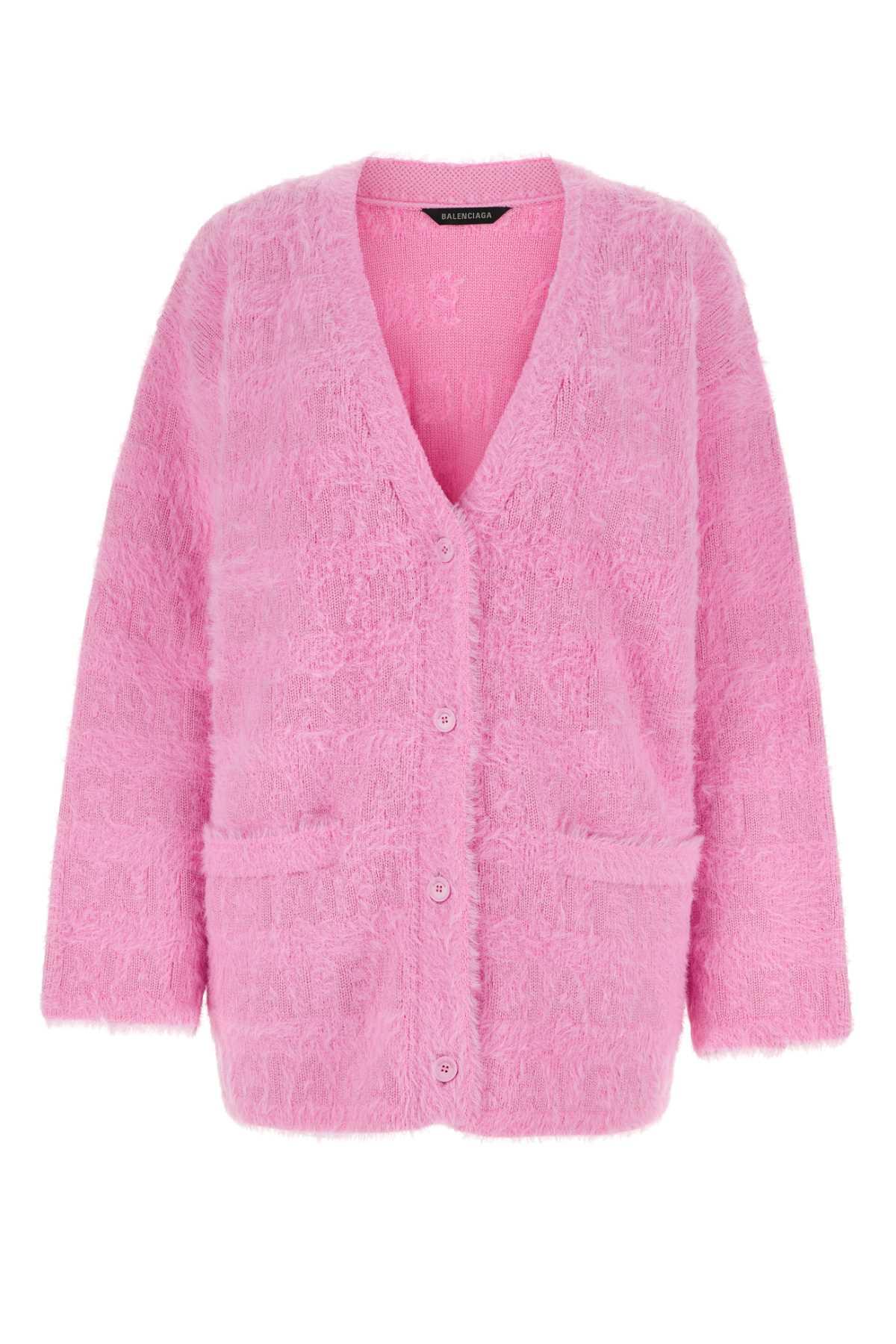 balenciaga pink cardigan with all-over logo motif in wool blend woman