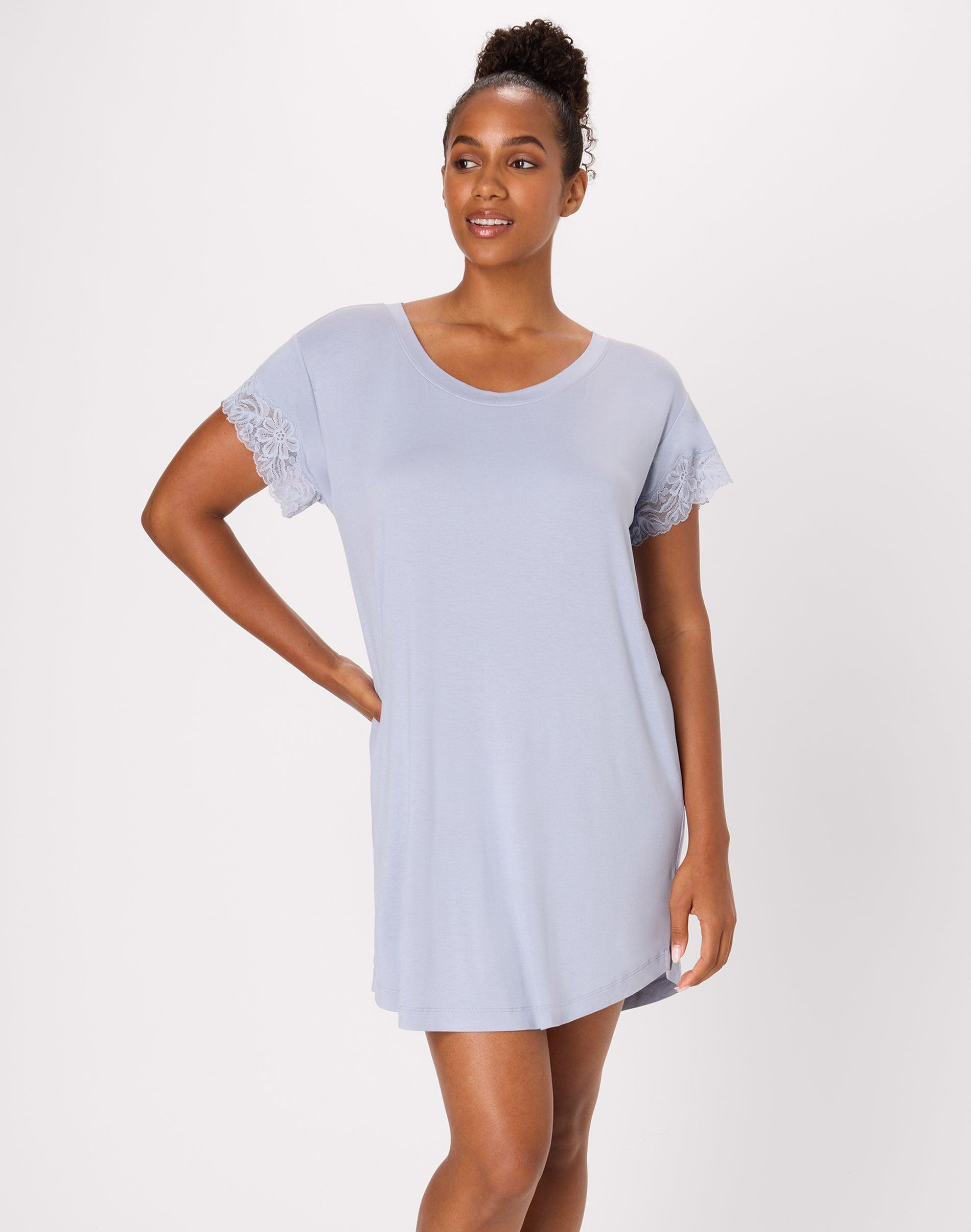 bali breathe sleep shirt with lace trim, loose fit silver satin s women's