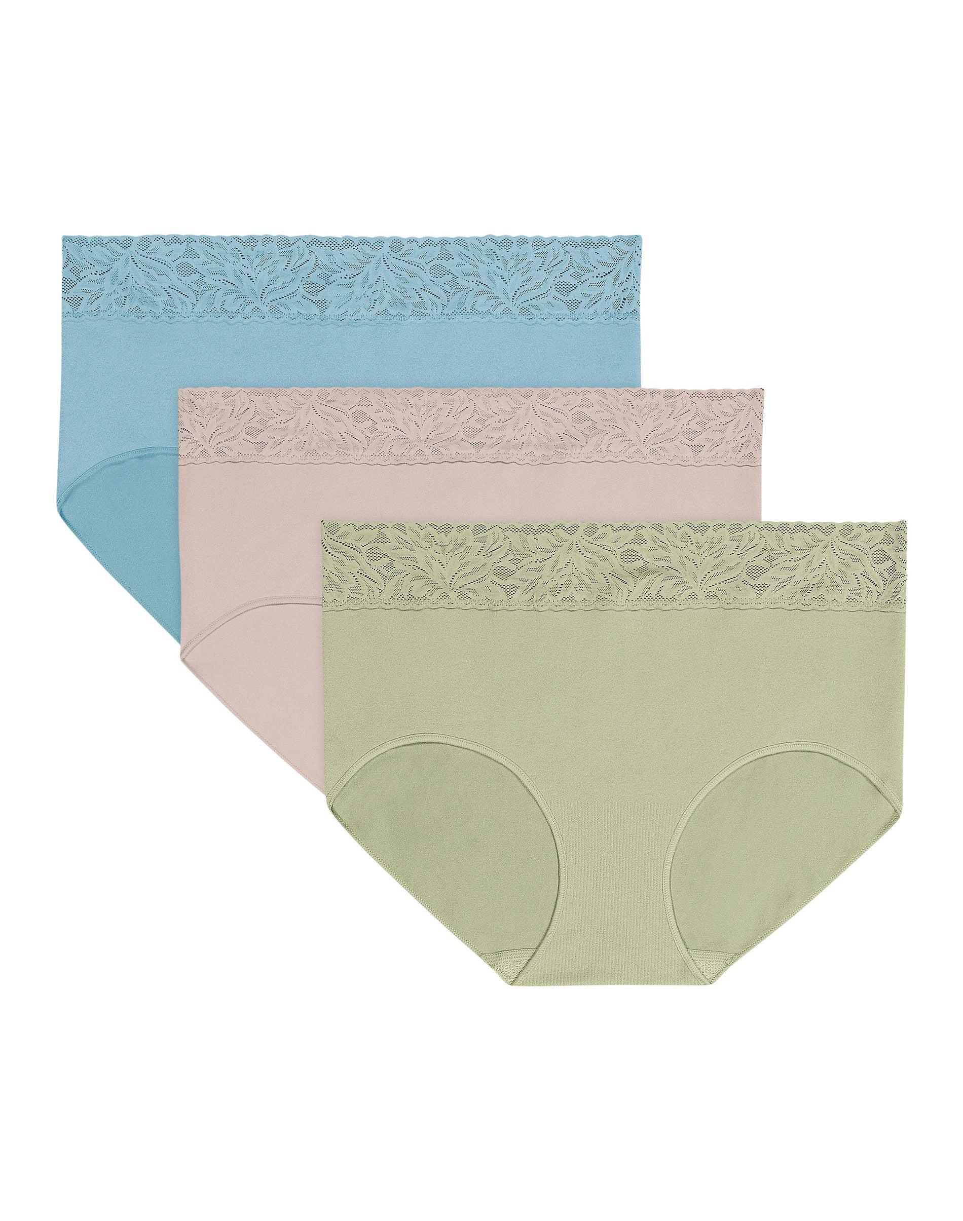 bali modern seamless lace trim brief underwear, 3-pack cornflteal/gloss/lght lily grn 5 women's