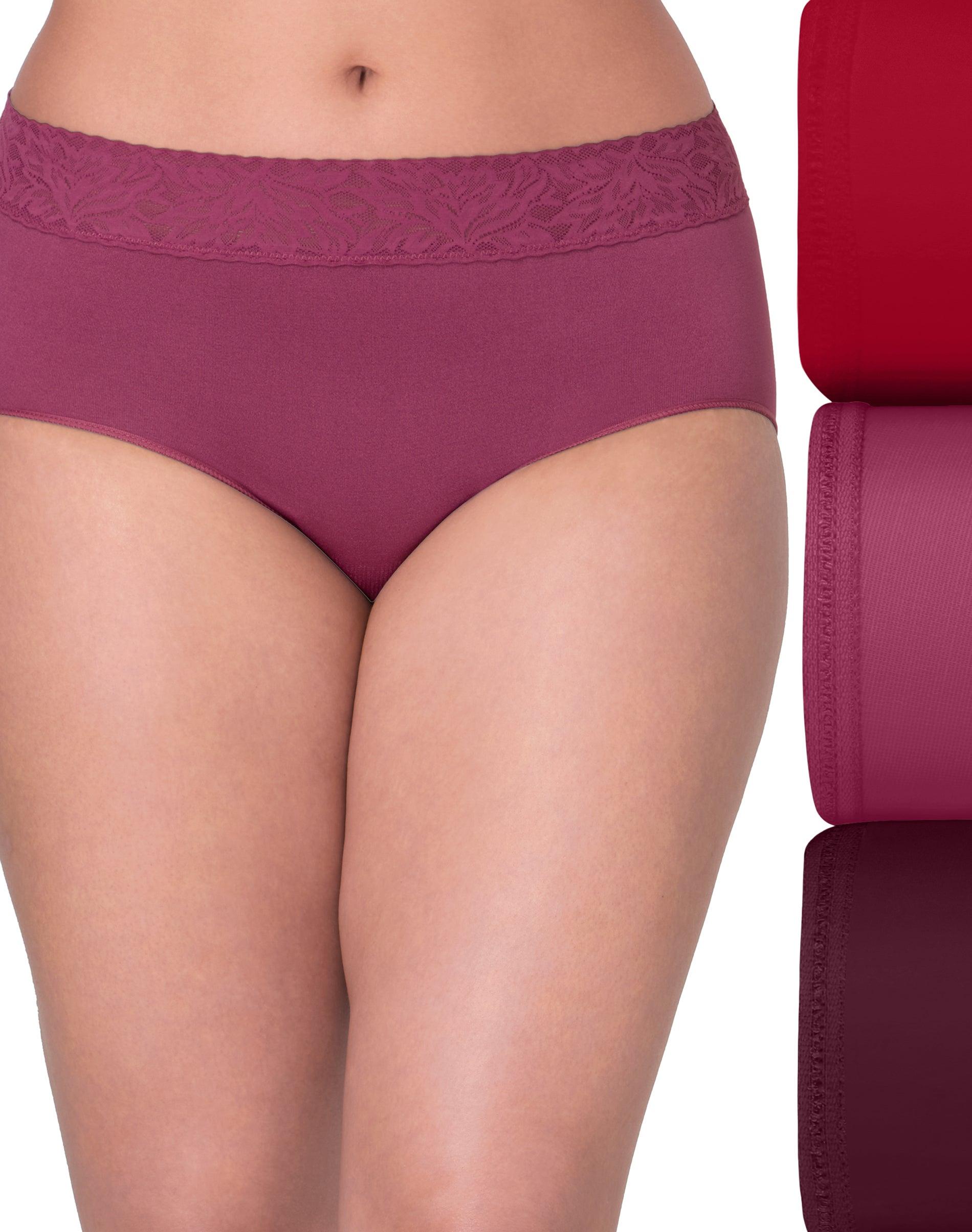 bali modern seamless lace trim brief underwear, 3-pack rosy red/mauve/midnight rouge 5 women's