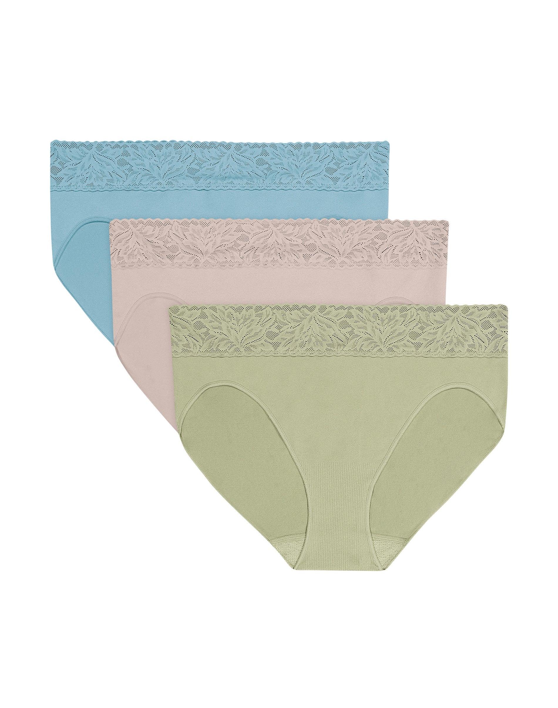 bali modern seamless lace trim hi-cut underwear, 3-pack cornflteal/gloss/lght lily grn 5 women's