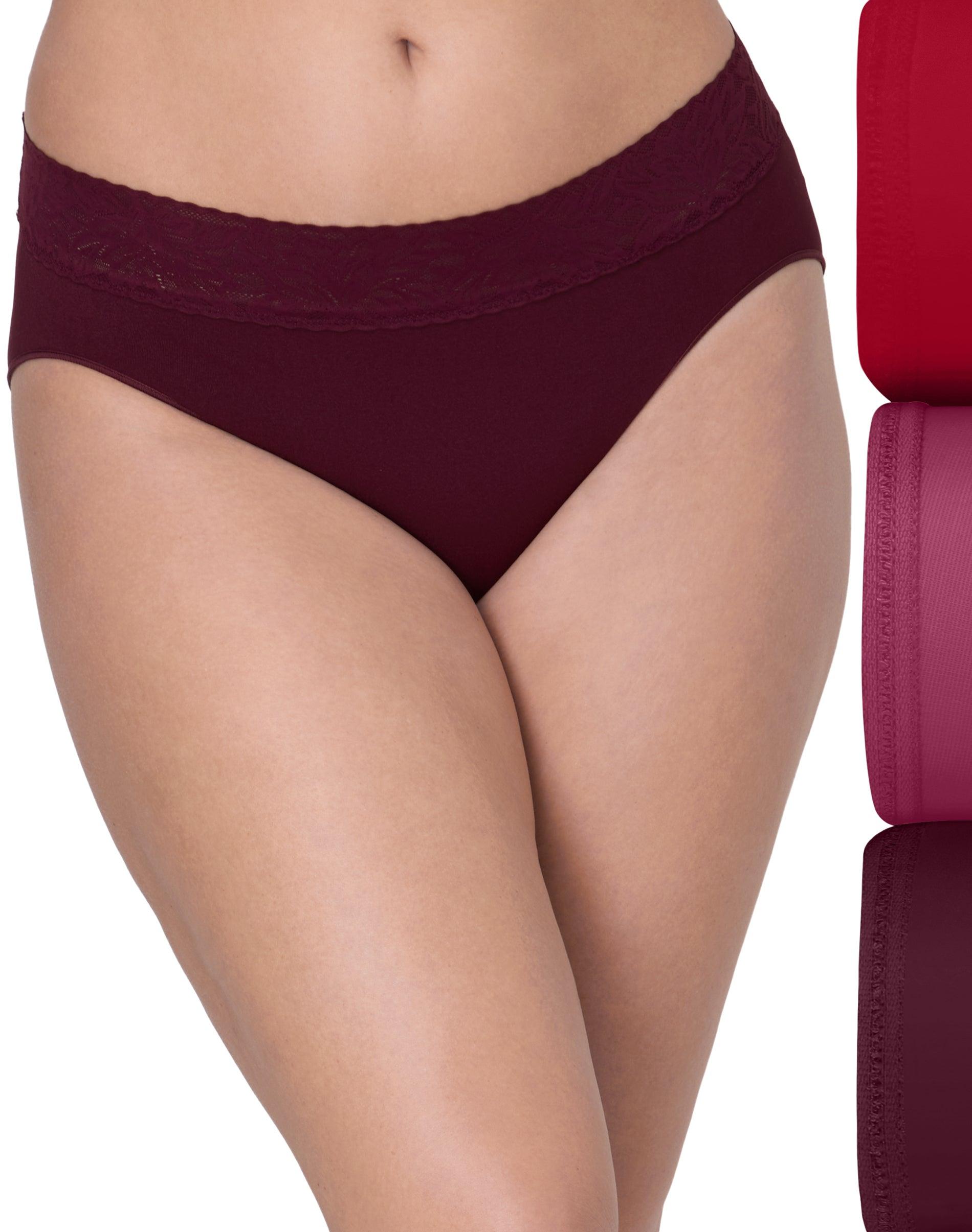 bali modern seamless lace trim hi cut underwear, 3-pack rosy red/mauve/midnight rouge 5 women's