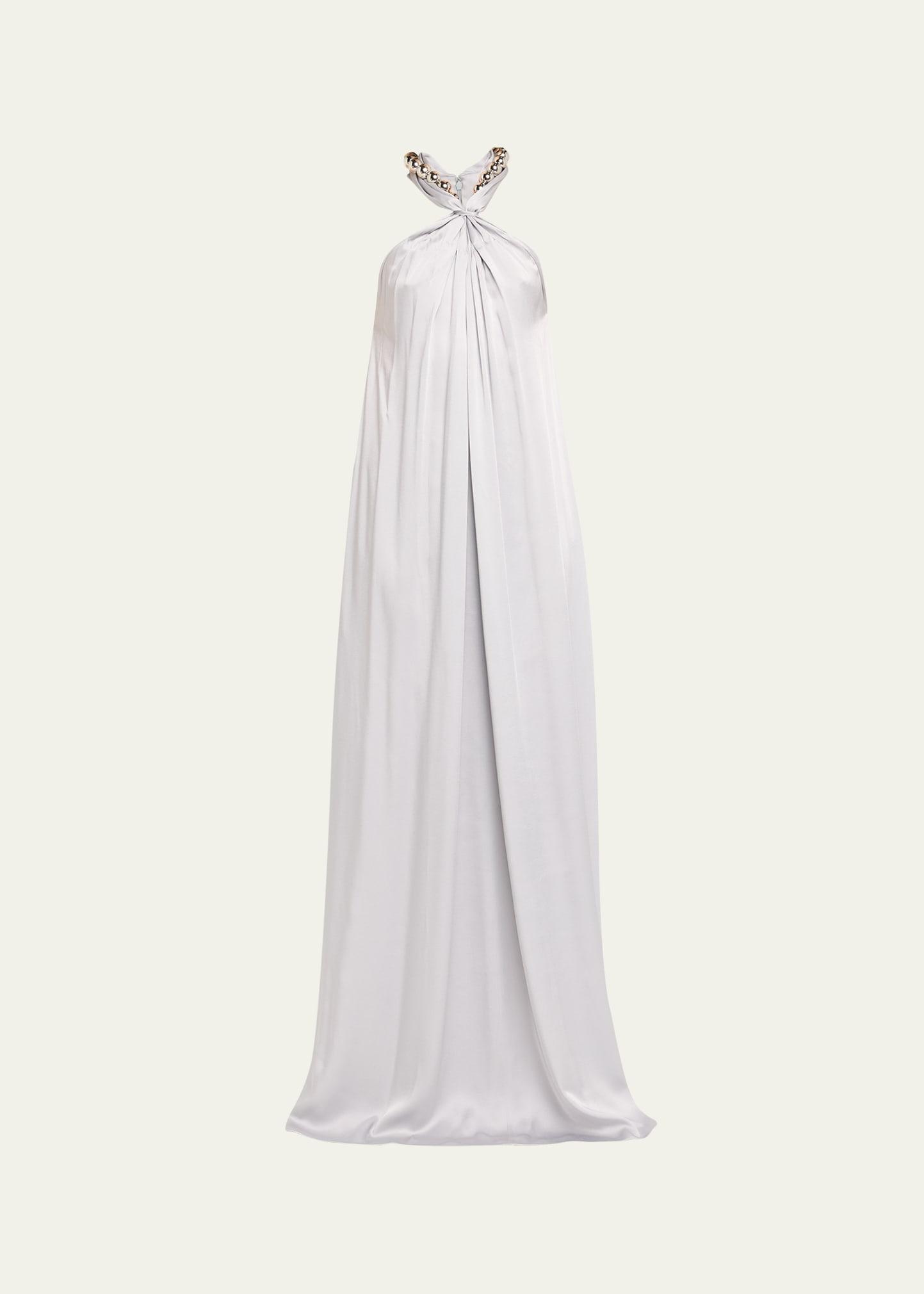ball-collar satin halter gown