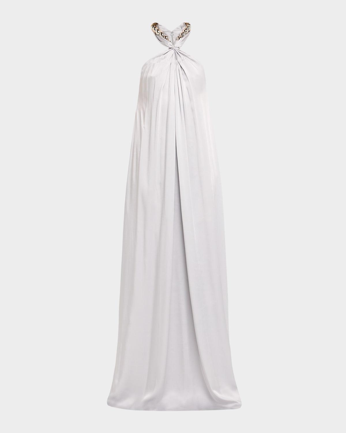 ball-collar satin halter gown