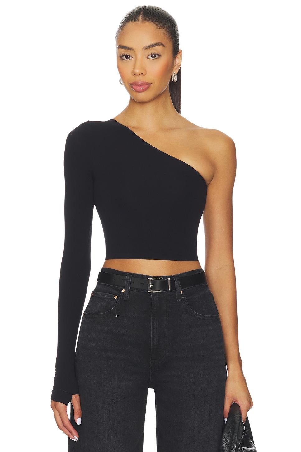 ballet body one shoulder crop top with thumbhole