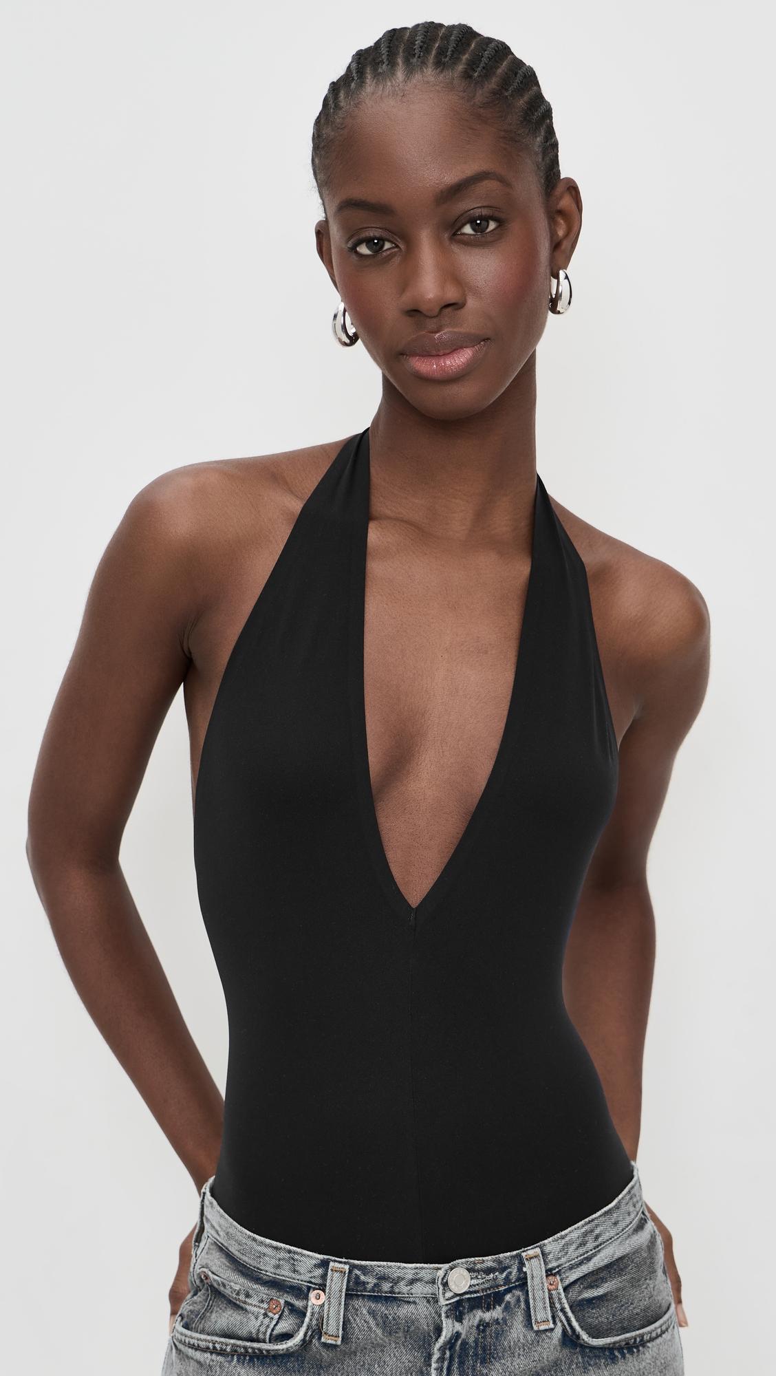 ballet deep plunge halter thong bodysuit