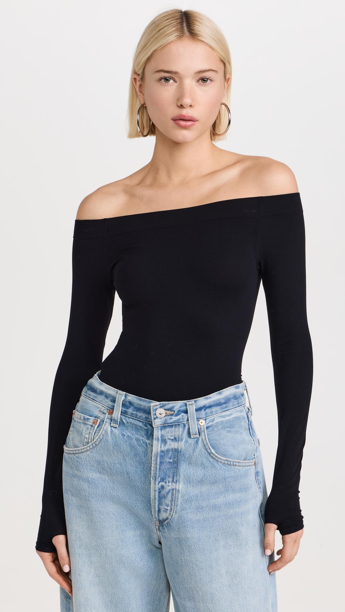 ballet off-shoulder thong bodysuit