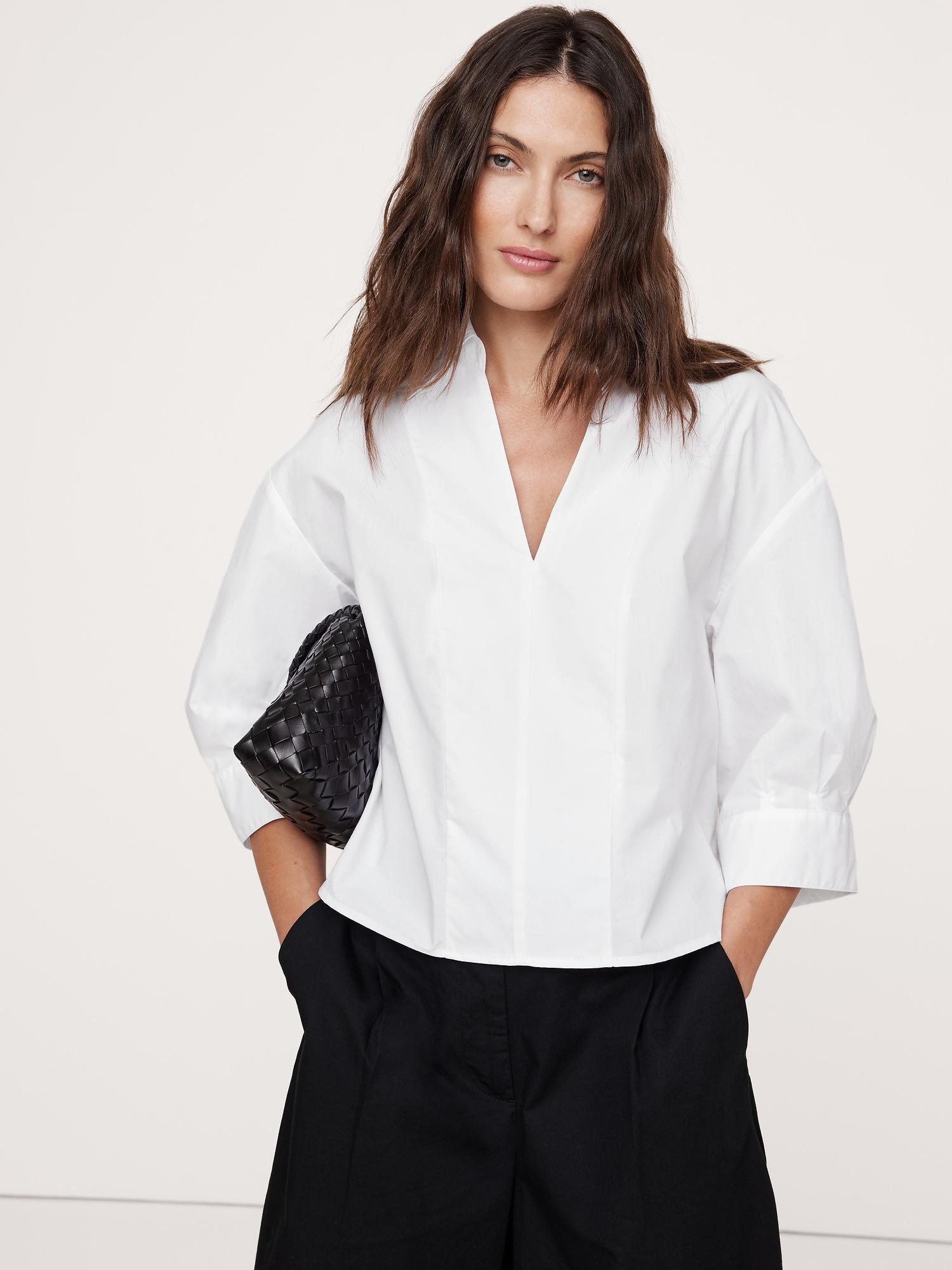 balloon-sleeve cotton poplin popover top