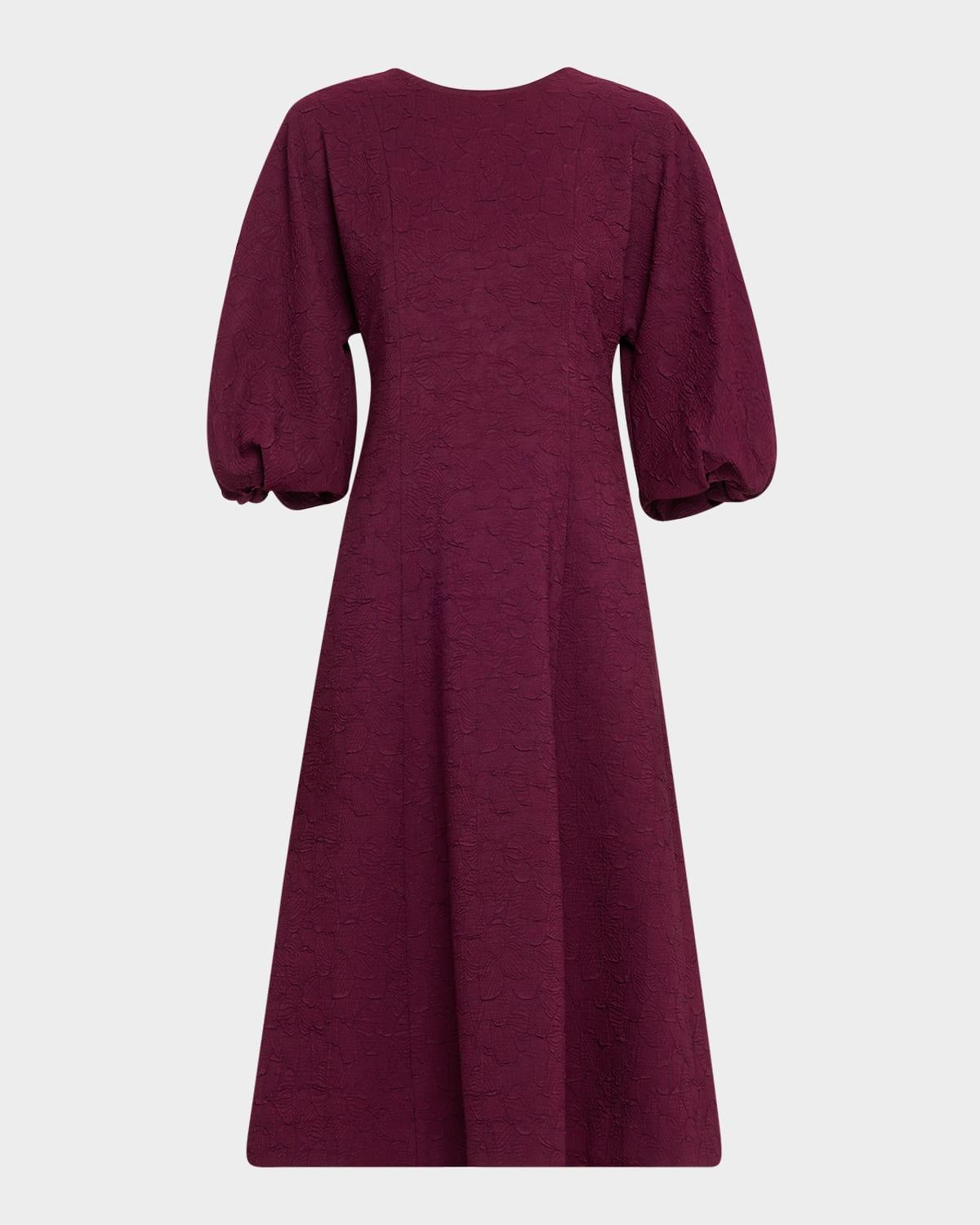 balloon-sleeve jacquard midi dress