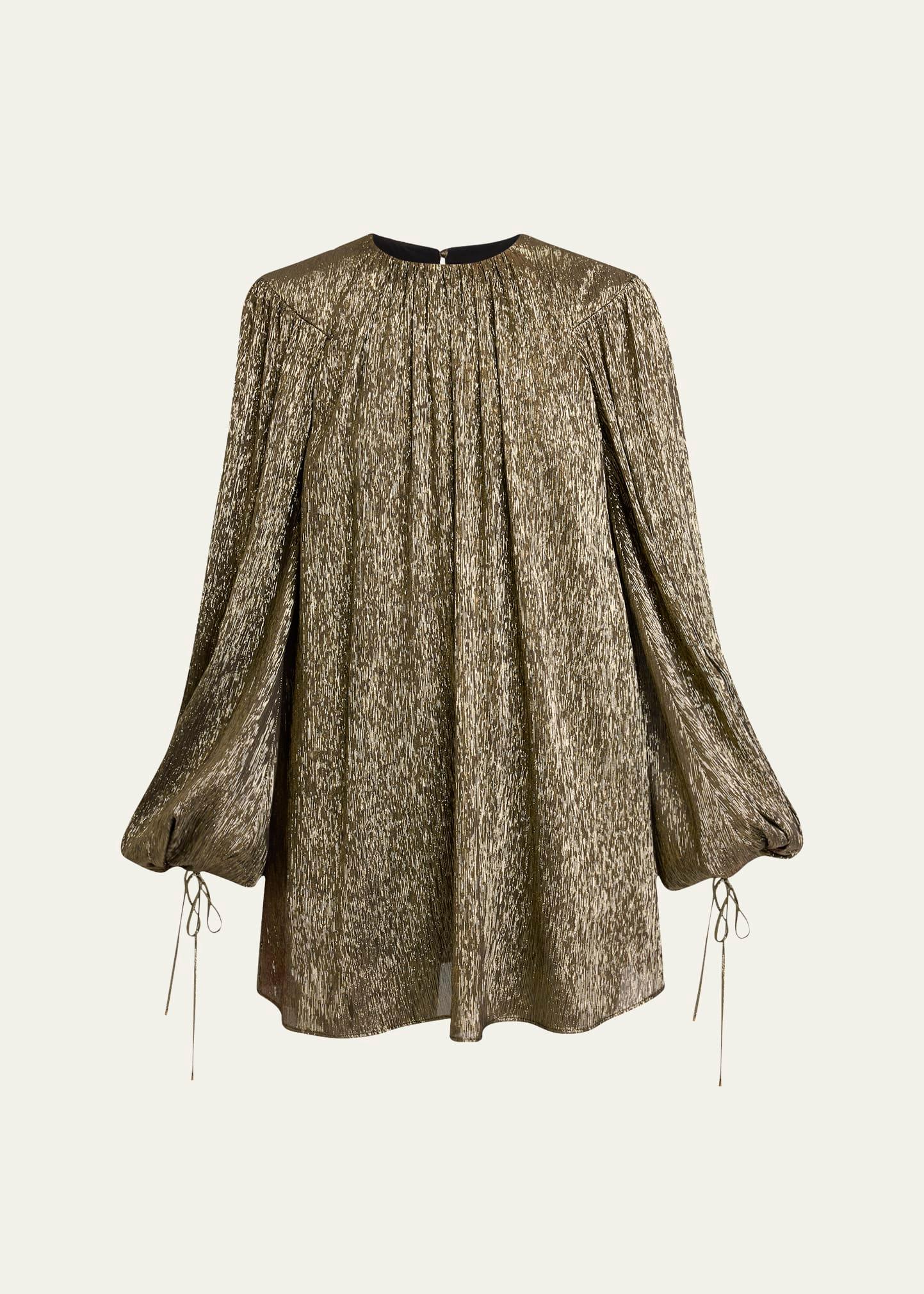 balloon-sleeve metallic silk mini dress