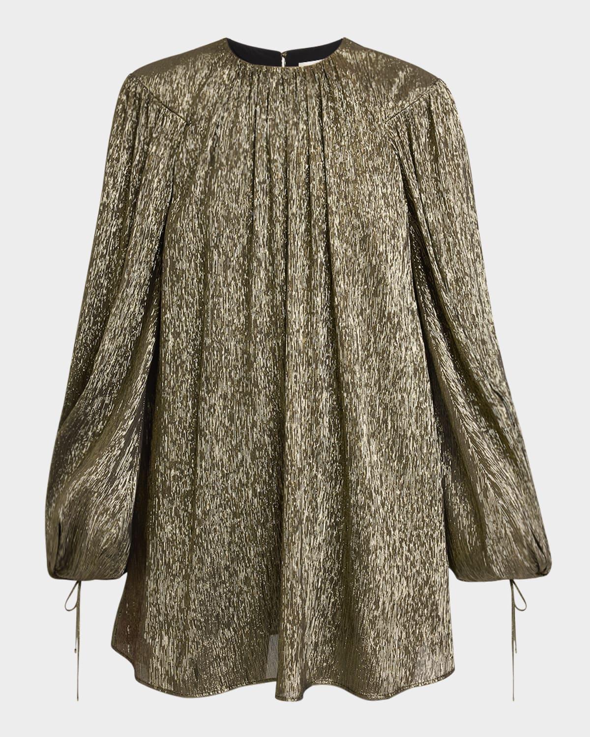 balloon-sleeve metallic silk mini dress