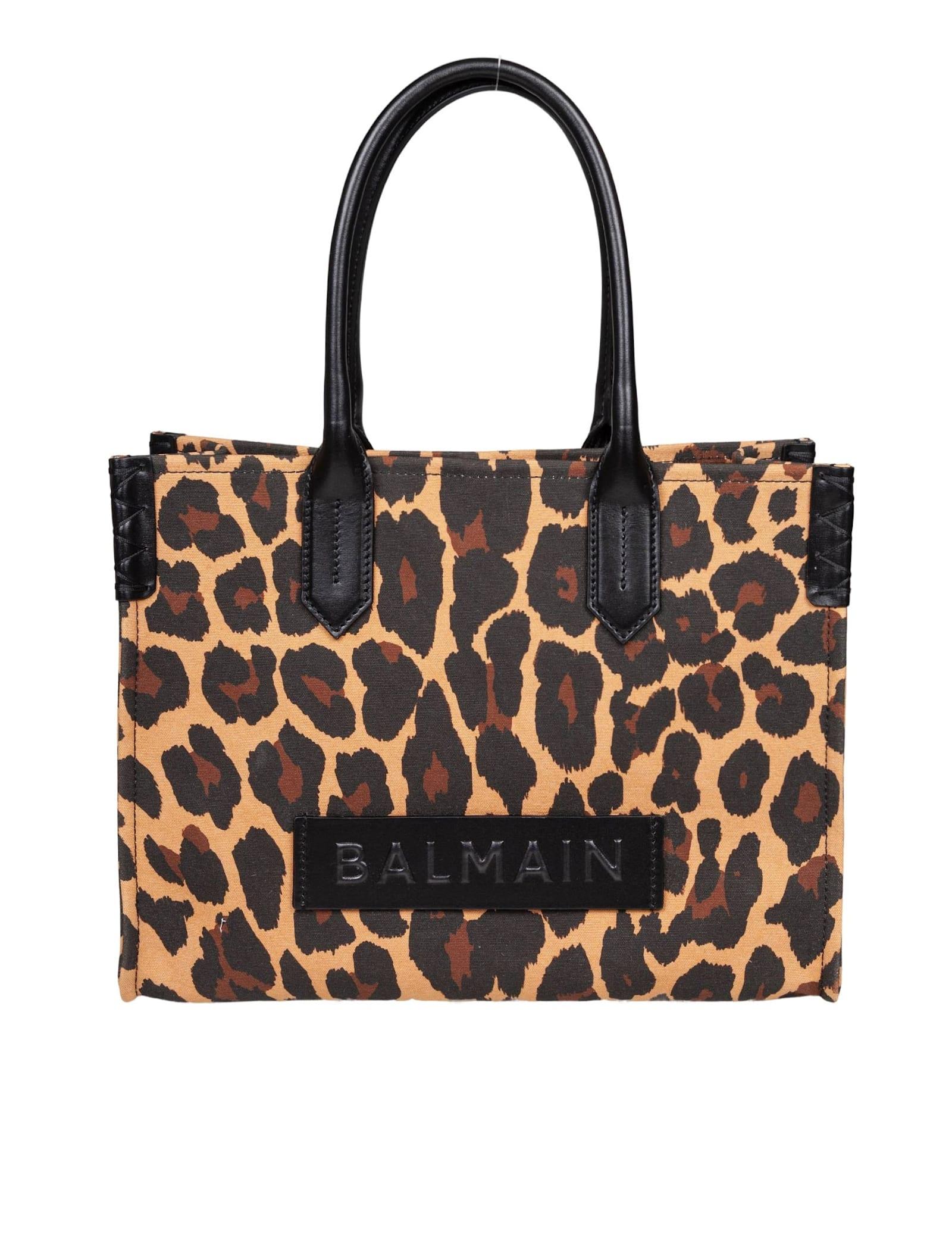balmain b-army 36 canvas tote bag with leopard print