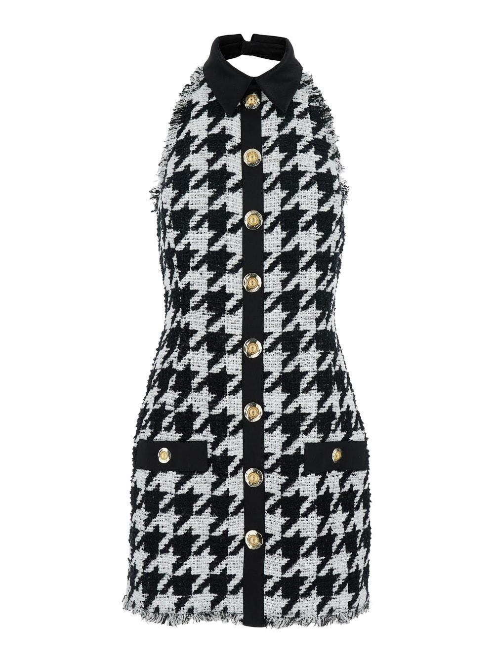 balmain black and white halterneck mini dress with houndstooth motif in tweed and satin woman