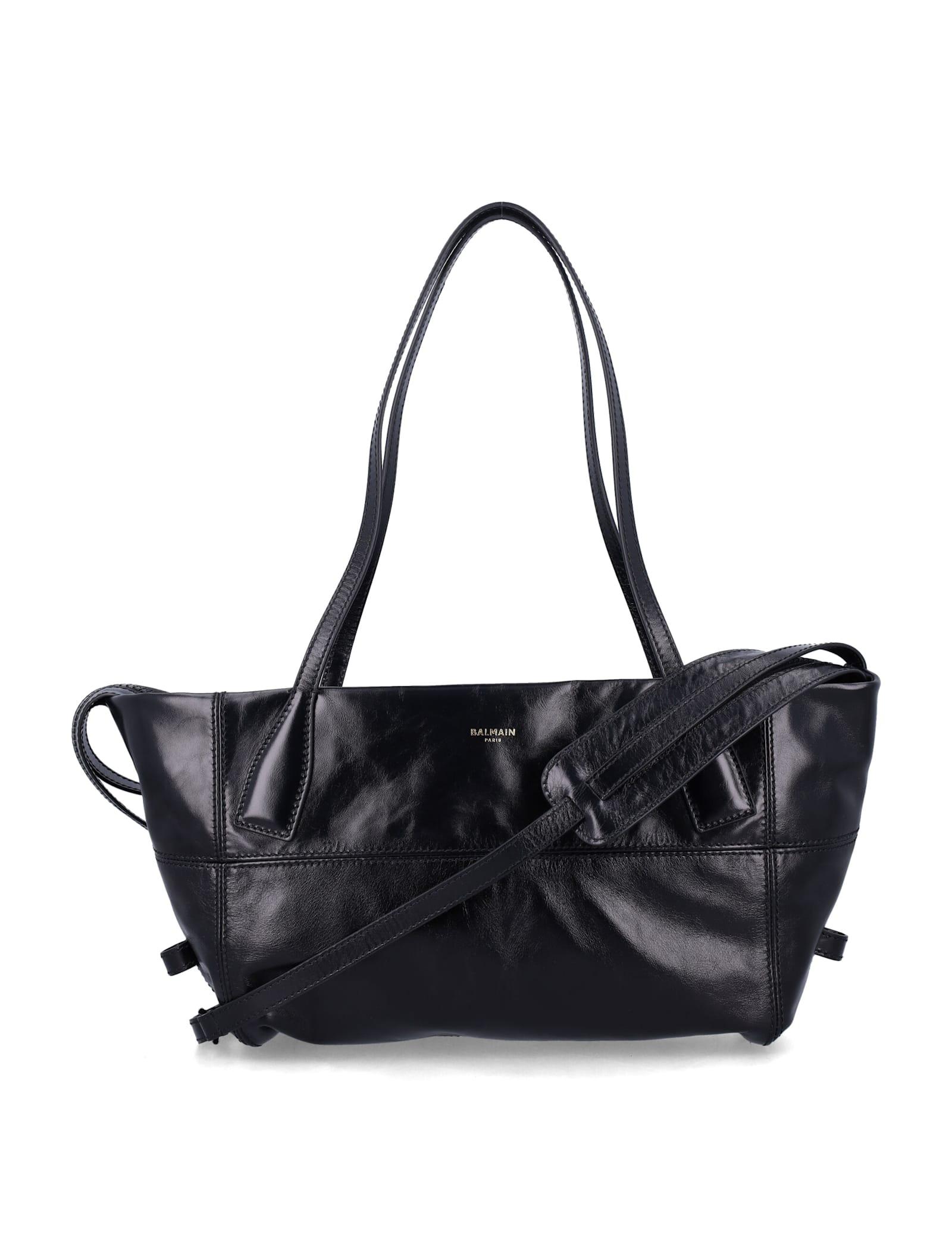 balmain black leather shopper bag with shoulder strap