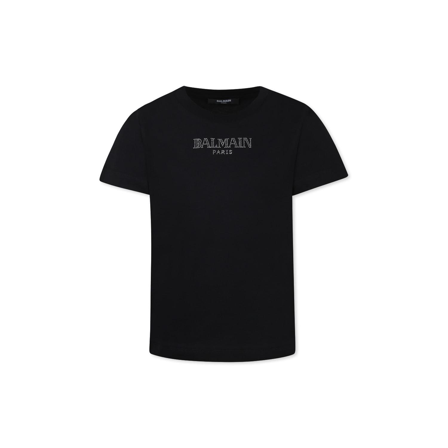 balmain black t-shirt for girl with a silver rhinestone logo