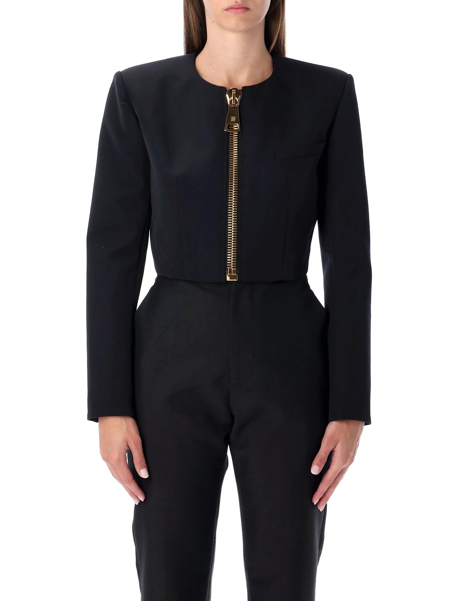 balmain cropped black wool jacket with gold zip