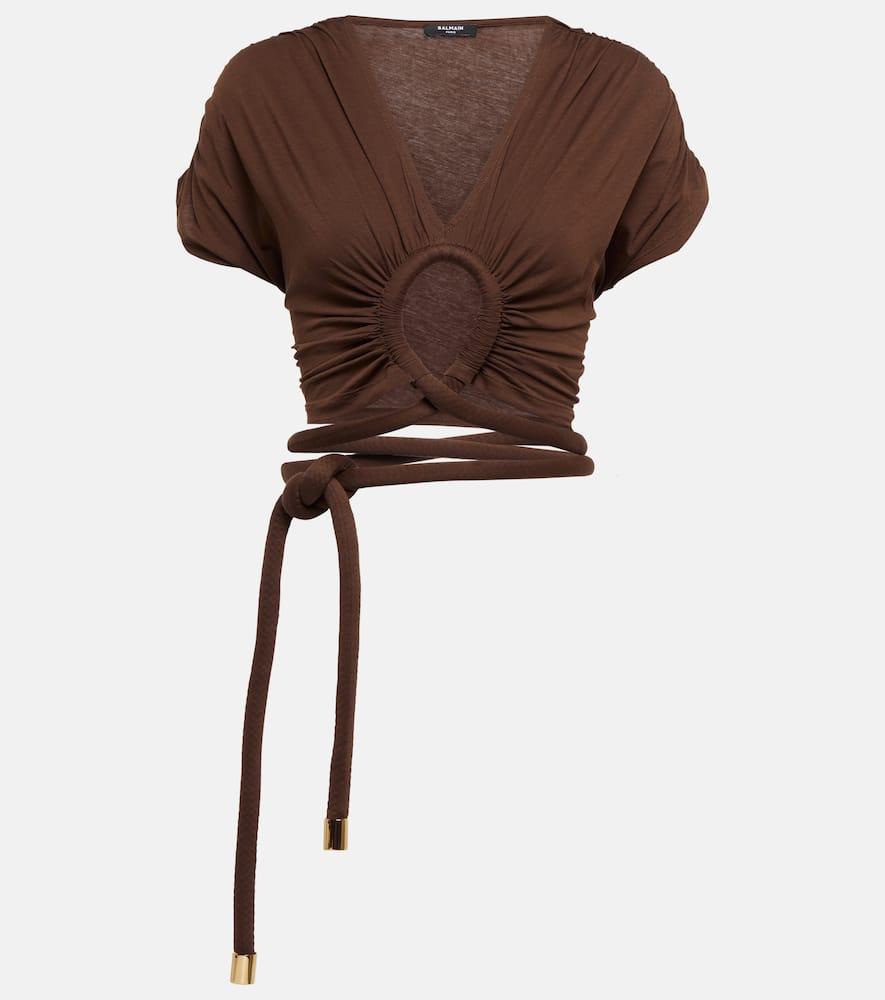 balmain draped cutout jersey tie top