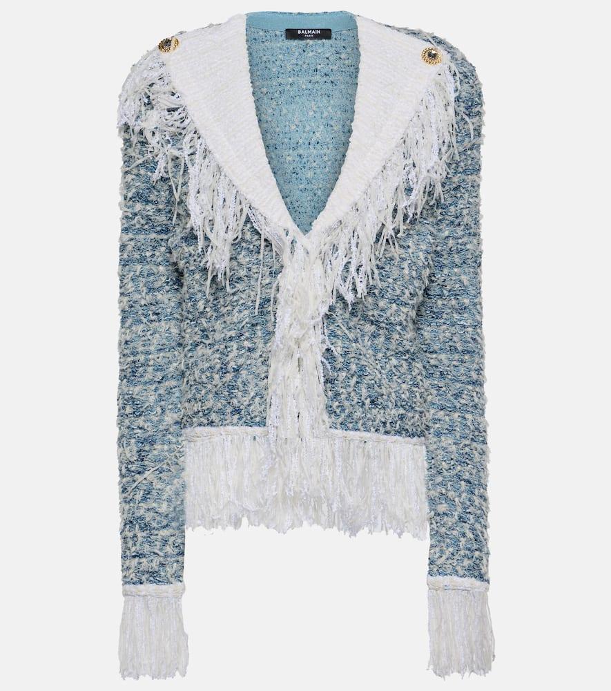 balmain fringed denim tweed jacket
