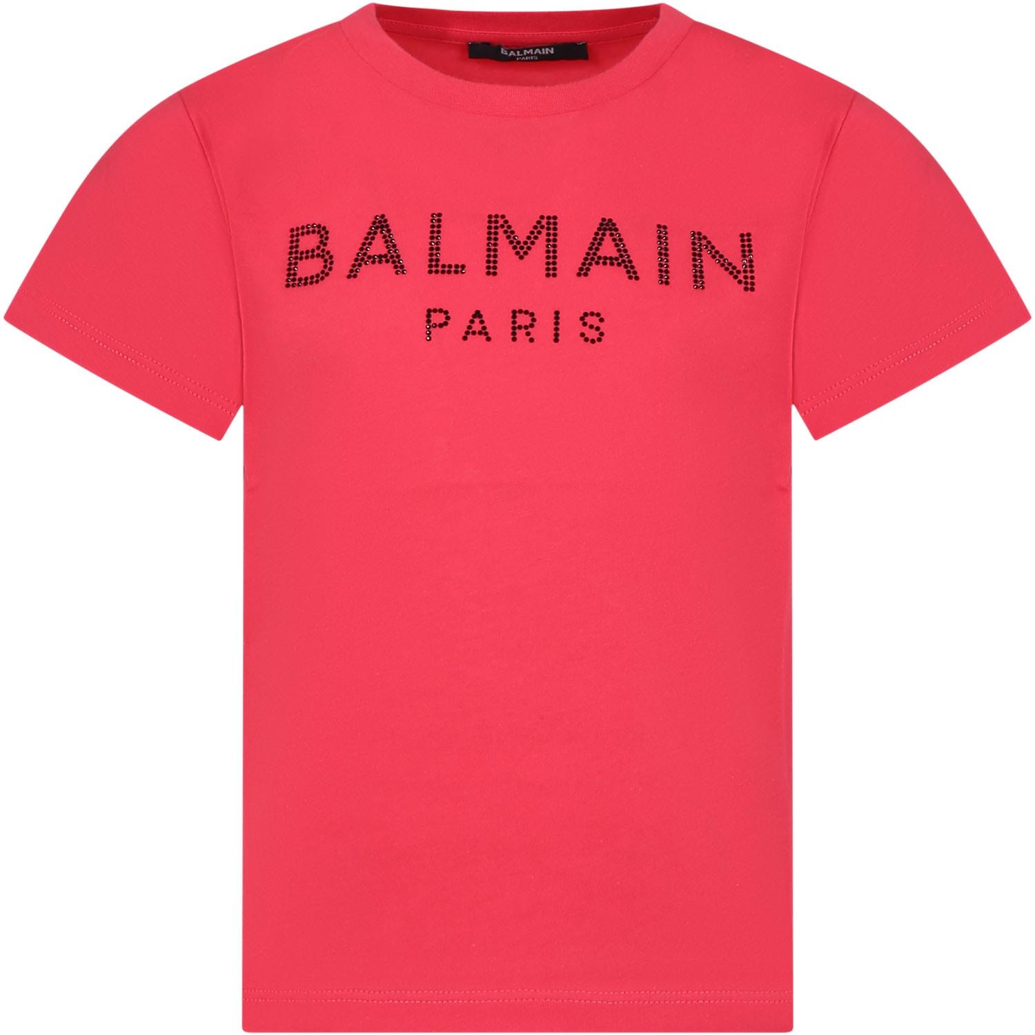 balmain fuchsia t-shirt for girl with logo and rhinestones
