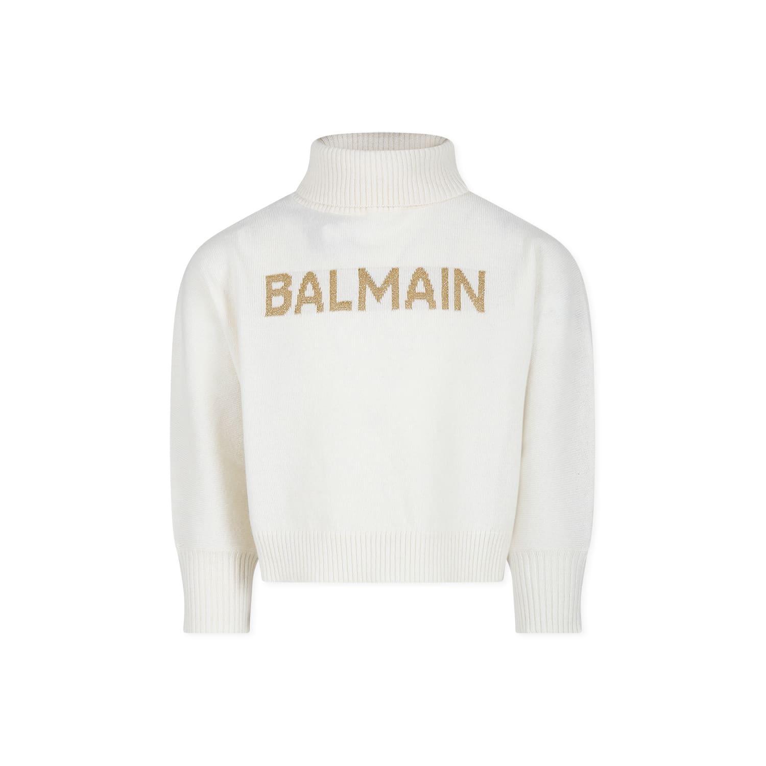 balmain ivory sweater for girl with logo